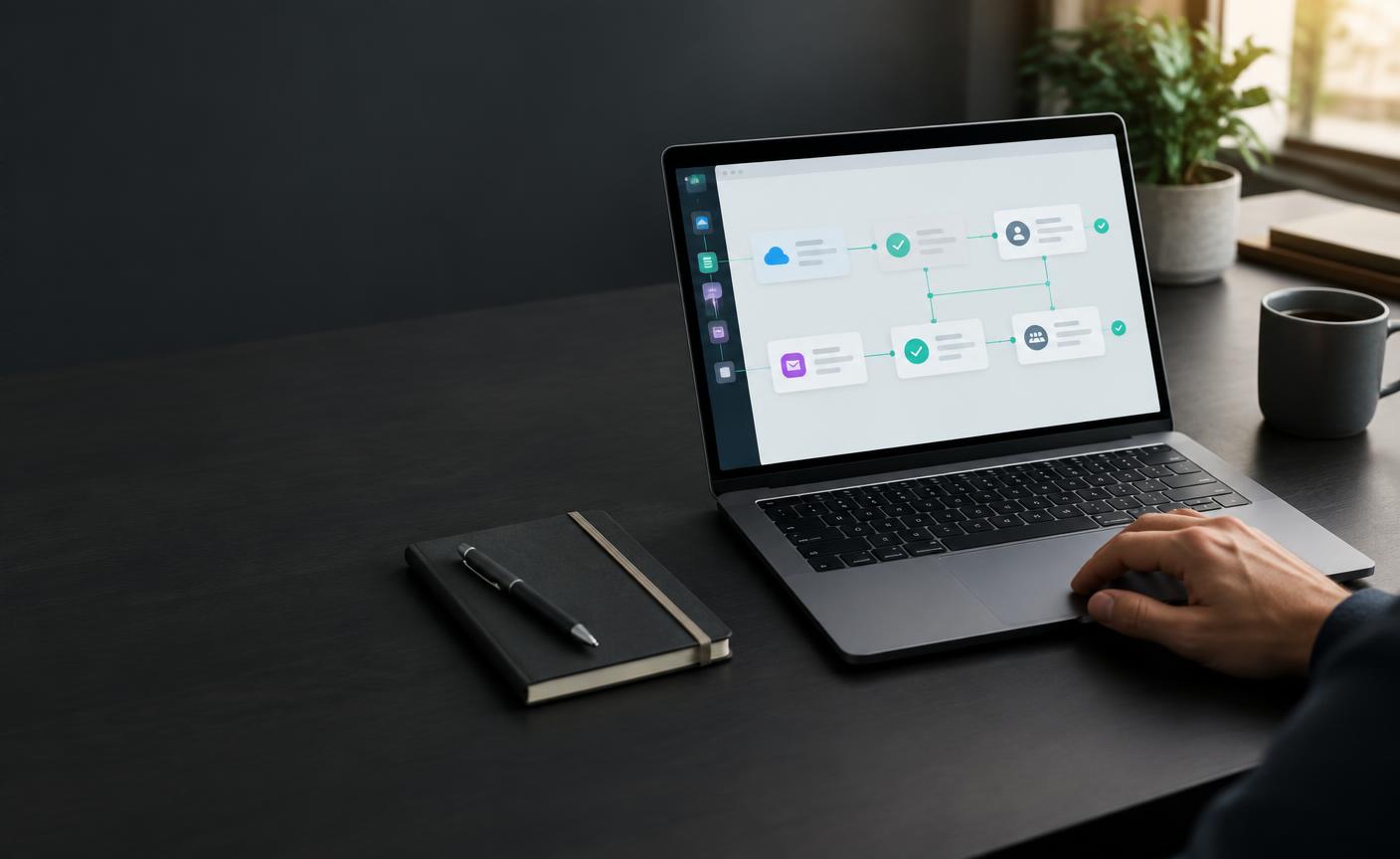Persona revisando un flujo de trabajo conectado antes de actuar